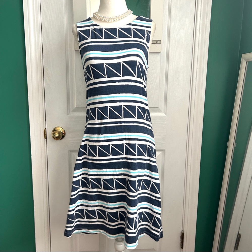 MAHI GOLD Navy, White and Aqua Striped Sleeveless Midi Dress small